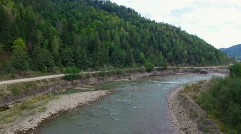 Aerial: flight above mountain river Stock Footage 55369925