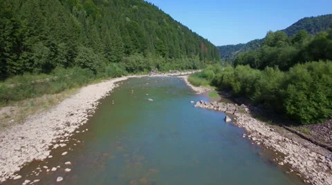 Aerial: flight above mountain river Stock Footage 55545009