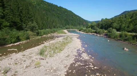 Aerial: flight above mountain river Stock Footage 55558889
