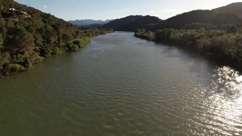 Aerial Flight Along the River Ebro Through a Forested Mountain Valley Spain Stock Footage 337322075