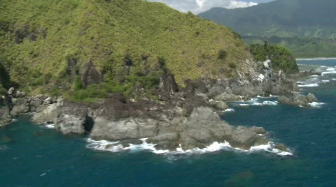 Aerial flight along rocky ocean cliff with forest Stock Footage