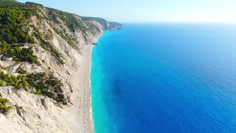 Aerial Flight Along Turquoise Beach and Coastline in Lefkada Island, Greece Stock Footage 345433346