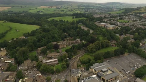Aerial  flight around Skipton Castle in Yorkshire Stock Footage 292125584