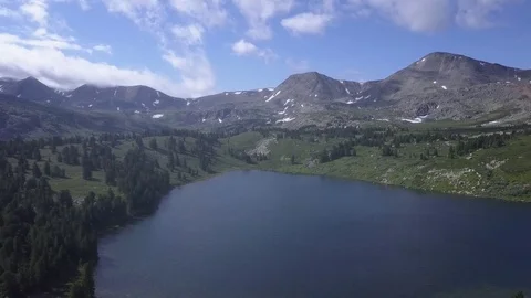 Aerial flight backwards under mountain lake. Lozhinskie lakes. Altai. Video stock 84568629