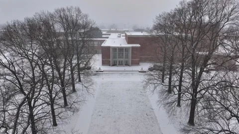 Aerial flight between leafless trees Arriving american high school in winter Stock Footage 303949293