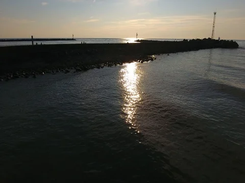 Aerial flight between the sea and the evening sky - 3 Stock Footage 80217314