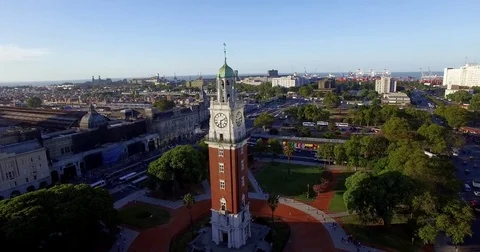 Aerial flight by the clock tower at Retiro Railway Station. Buenos Aires, Video stock 77816030