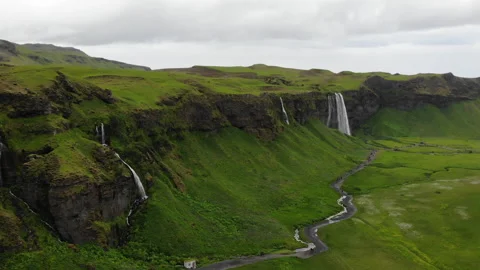 Aerial Flight close up two Waterfall, Iceland Stock Footage 130590672