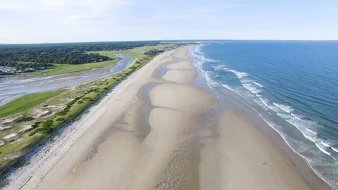 Aerial Flight Down Ogunquit Beach - Maine Stock Footage 104527372