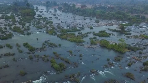 Aerial flight with drone over the Khone Falls waterfall, Laos. Stock Footage 101934895