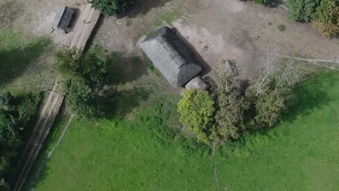 Aerial Flight Forward Over Biskupin Hut and Trees Stock Footage 325817533