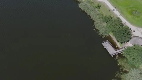 Aerial Flight Forward Over Biskupin Lake Pier and Shore Stock Footage 325819574