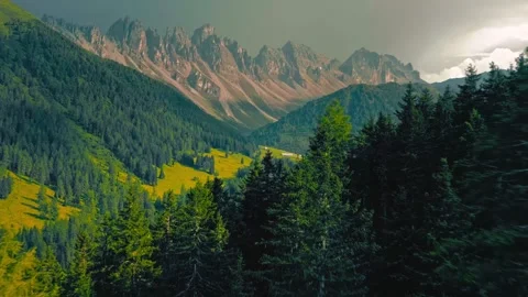 Aerial Flight Over Alpine Forest and Jagged Dolomite Peaks Stock-Footage 341645682