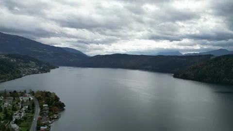 Aerial Flight Over Alpine Millstätter See in Carinthia on a Gray Day Stock Footage 288038969