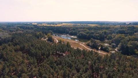 Aerial of flight over a beautiful pine forest with landscape near the river Stock Footage 127122918