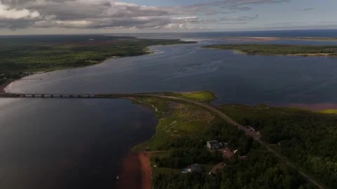 Aerial Flight Over Bridge to Lennox Island, PEI Bay and Sandbar Stock Footage 341363375