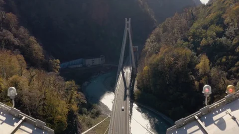 Aerial flight over cable-stayed bridge top Stock Footage 128403052