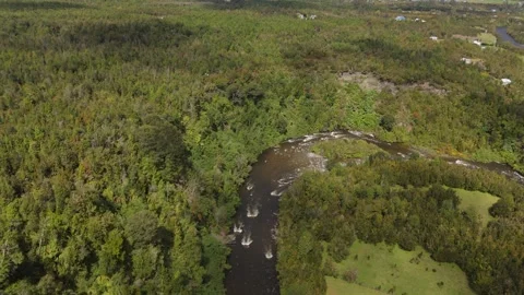 Aerial Flight Over Centered River with Forest and Valley in Lenca Chile Stock Footage 325315057