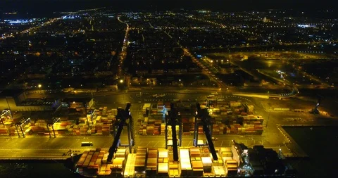 Aerial: flight over the container ship anchored in the port quay - 14 스톡 동영상 98312213