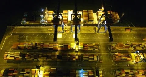 Aerial: flight over the container ship anchored in the port quay - 15 스톡 동영상 98312214