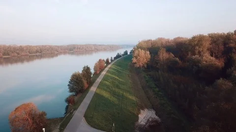 Aerial flight over danube river in linz austria Stock Footage 83343557