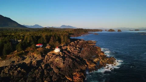 Aerial flight over dense forest and rocky coast near the ocean and lighthouse Stock Footage 162064742