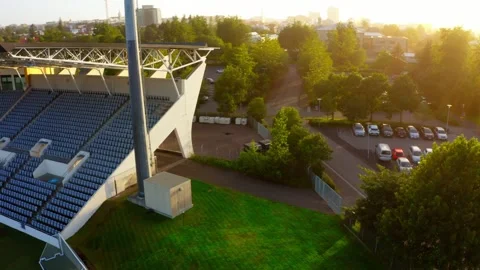 Aerial Flight Over Empty Reykjavik Stadium at Sunset Stock Footage 341840851