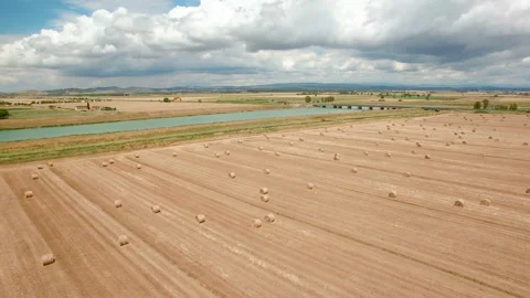 Aerial flight over the field next the river. Video stock 87093382