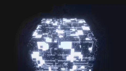 Aerial flight over a glowing blue futuristic city grid at night Stock Footage 346780390