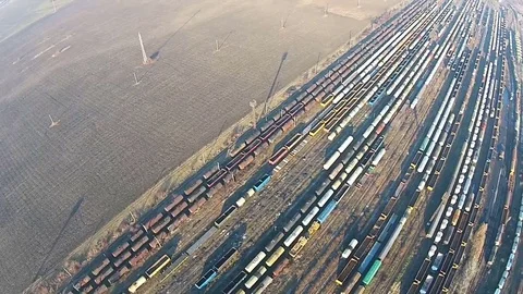Aerial flight over industrial train depot Stock-Footage 71024607