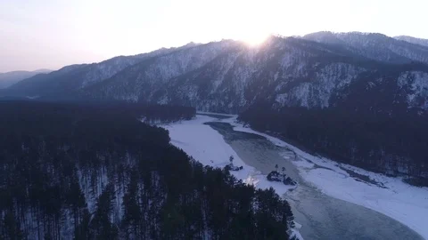 Aerial Flight over the Katun river in winter Stock Footage 74063429