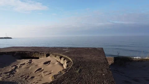 Aerial Flight Over Klaipėda Coast Toward Historic Bunker Stock Footage 330231953