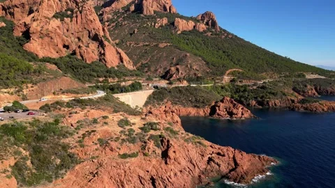 Aerial flight over the Massif de L'Esterel on the coast of Mediterranean Sea Stock Footage 218323724
