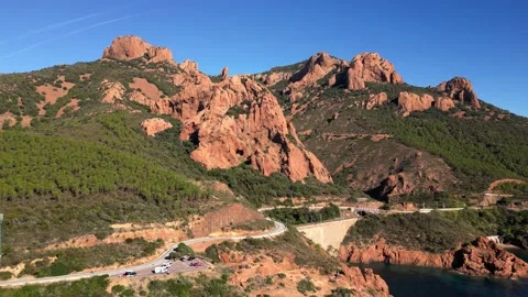 Aerial flight over the Massif de L'Esterel on the coast of Mediterranean Sea Stock Footage 218323950