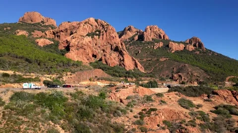 Aerial flight over the Massif de L'Esterel on the coast of Mediterranean Sea Stock Footage 218324072