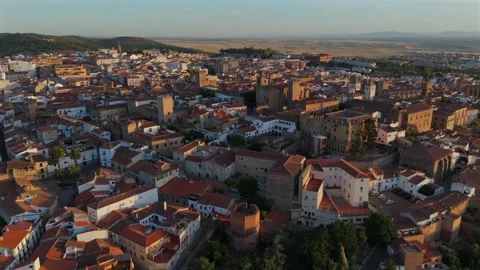 Aerial flight over medieval walled city center of Caceres Extremadura Spain Stock-Footage 342321044