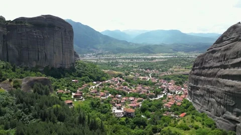 Aerial Flight Over Meteora, Greece. Kastraki, Kalambaka Village Daylight. W.. Stock Footage 334893632