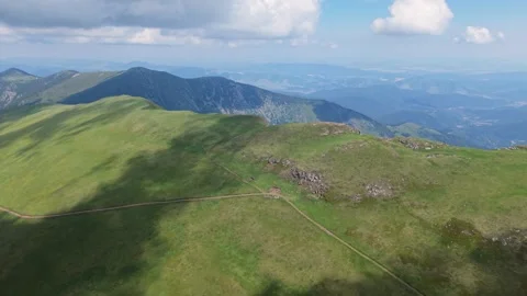Aerial Flight Over Mountain Ridge Hiking Trail Crossroads, Midzor Stock Footage 338354804