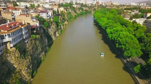 Aerial Flight Over The Mtkvari river And Old Tbilisi. Georgia. 4K Stock Footage 150915037