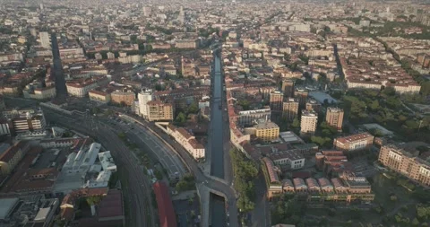 Aerial Flight Over Navigli District with Camera Tilt Down, Milan, Italy Stock Footage 344469152