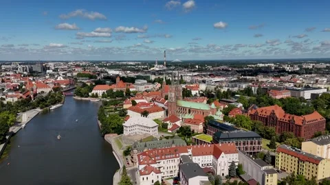 Aerial Flight Over Old Town Skyline and River Panorama in Poland, Wroclaw Stock Footage 321306160