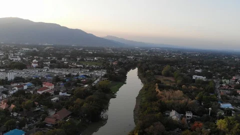 Aerial flight over ping river at sunset Stock Footage 124442851
