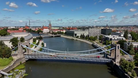 Aerial Flight Over River With Bridges and Urban Skyline in Poland, Wroclaw Stock Footage 321306261