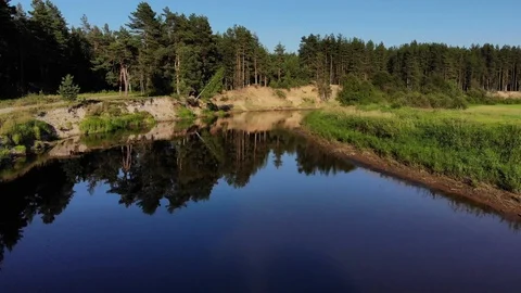 Aerial flight over the russian sandy river bank in wild forest Stock Footage 102766744
