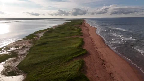 Aerial Flight Over Sandbar Beach with Waves and Lens Flare, PEI Stock Footage 341363468