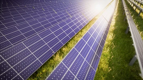 Aerial Flight Over Solar Panel Farm At Green Energy 動画素材 128984670