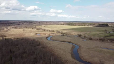 The aerial flight over spring fields and river in the middle Stock Footage 238008522