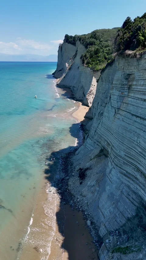 Aerial flight over stunning steep cliffs and turquoise sea Stock Footage 342265407
