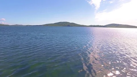 AERIAL: Flight over the water surface from the shore with birches Video stock 83800633