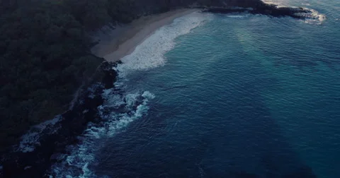 Aerial Flight Over White Sandy Beach and Beautiful Blue Ocean. Amazing Sunris 스톡 동영상 56340226